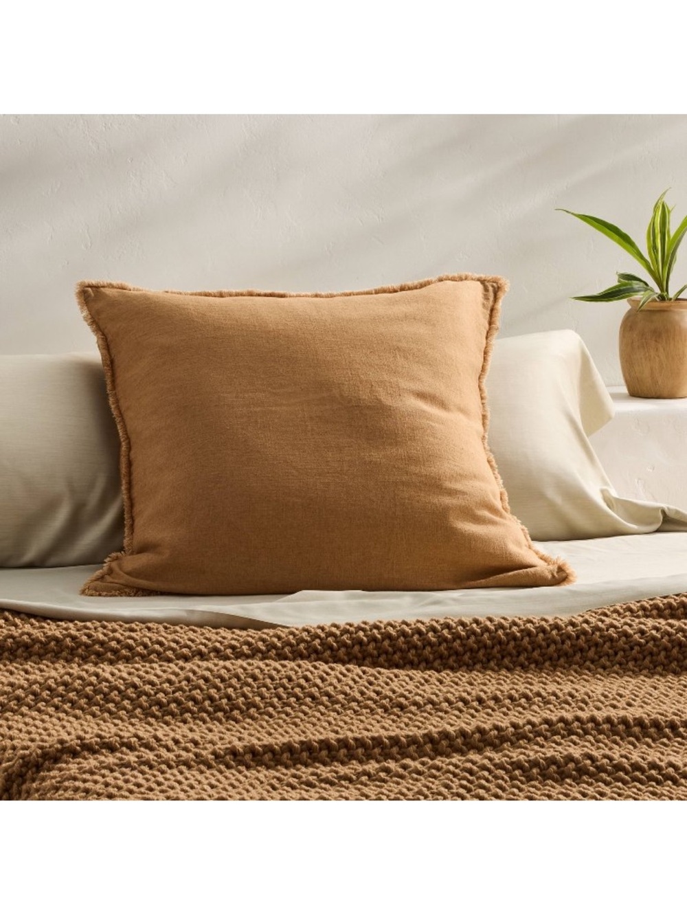 Casaluna Frayed Edge Heavyweight Linen Blend Euro Pillow, Warm Brown
